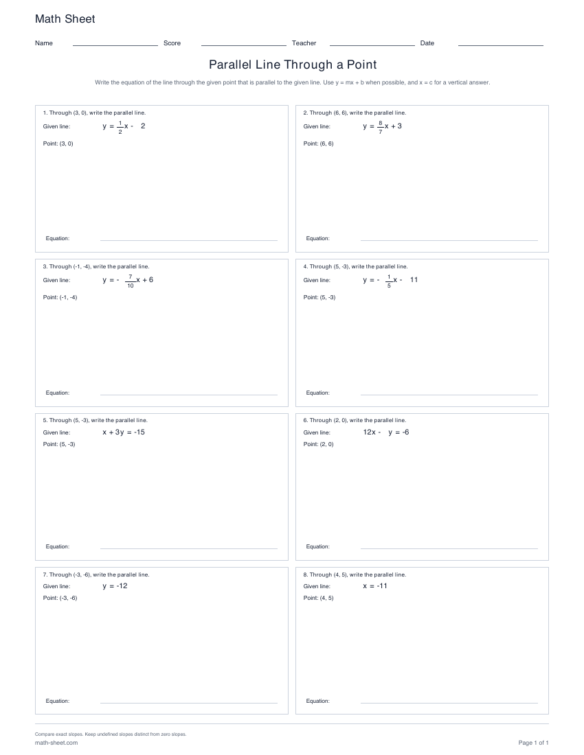 First page preview: Parallel Line Through a Point Worksheets