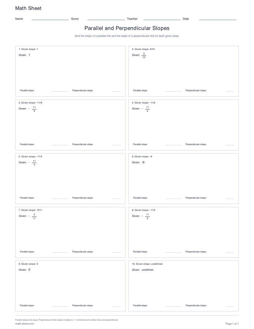 First page preview: Parallel and Perpendicular Slopes Worksheets