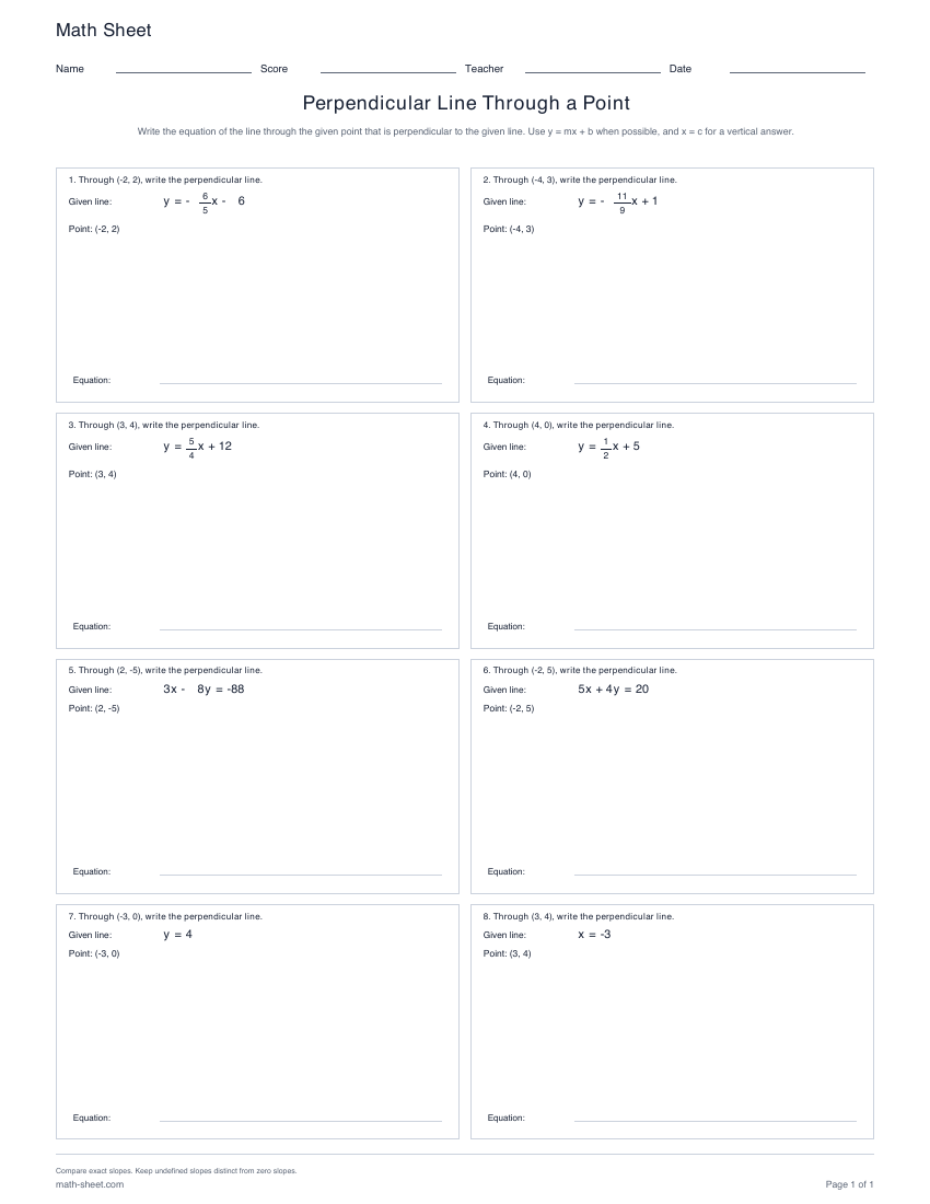First page preview: Perpendicular Line Through a Point Worksheets