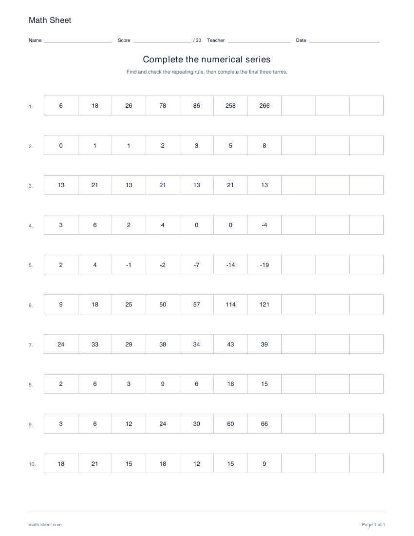 Printable complete numerical-rule series worksheet preview