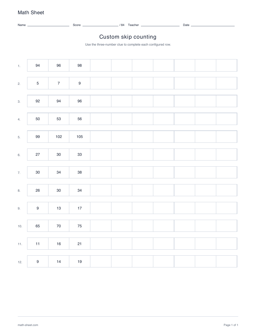 Printable twelve custom skip-counting rows worksheet preview