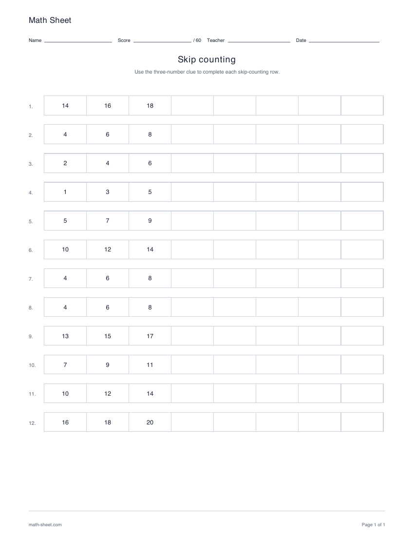 Printable skip counting with starting bands worksheet preview