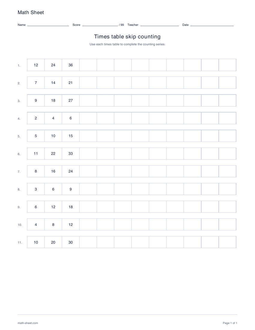 Printable times-table skip counting worksheet preview