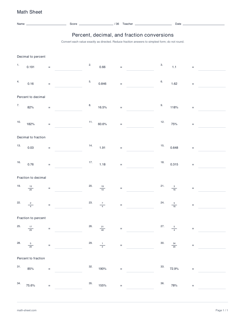 Printable converting percents, decimals and fractions worksheet preview