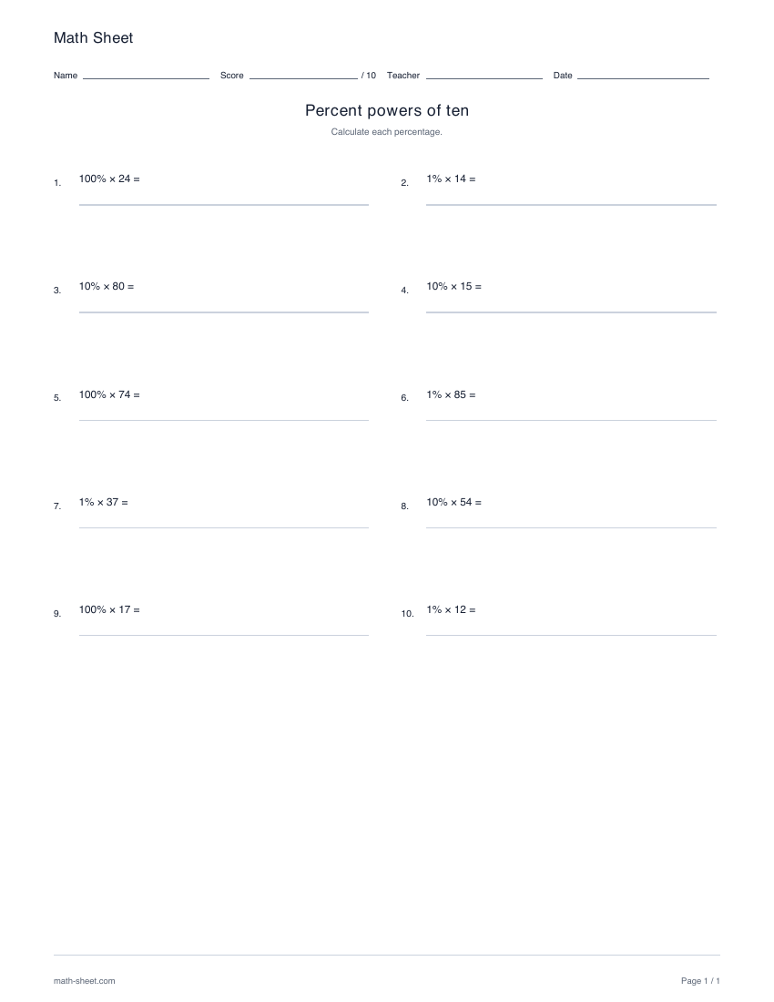 Printable multiplying by powers-of-ten percents worksheet preview