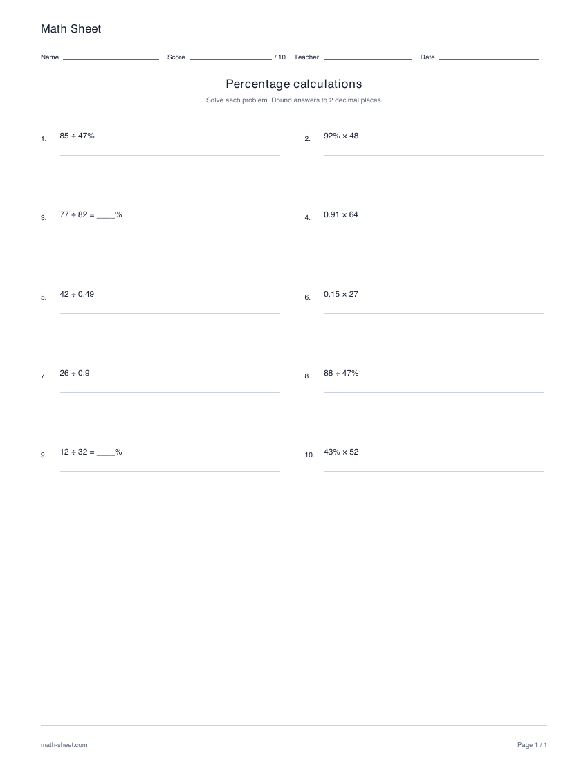 Printable percentage calculations: part, whole and rate worksheet preview