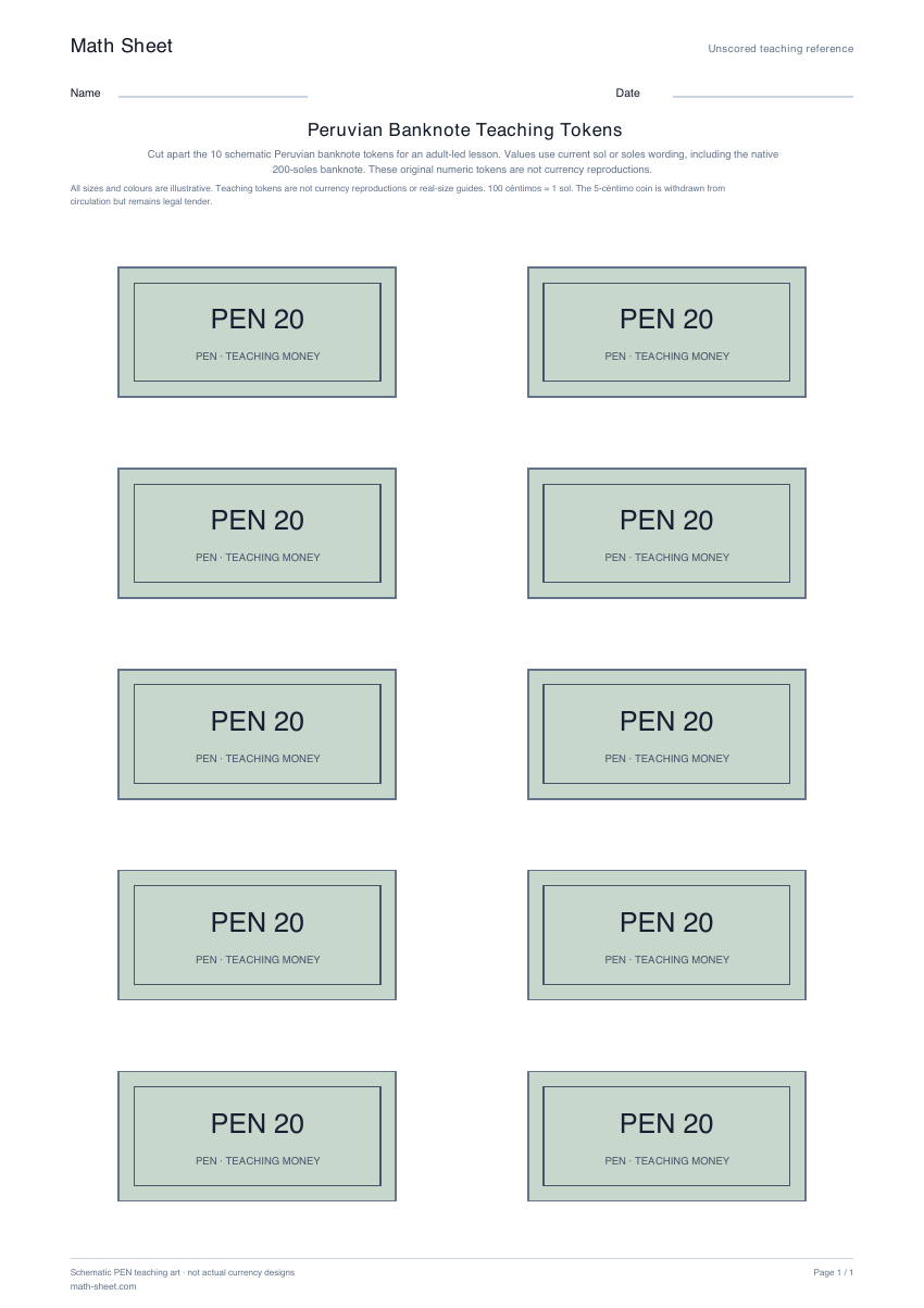 Printable peruvian banknote teaching tokens worksheet preview