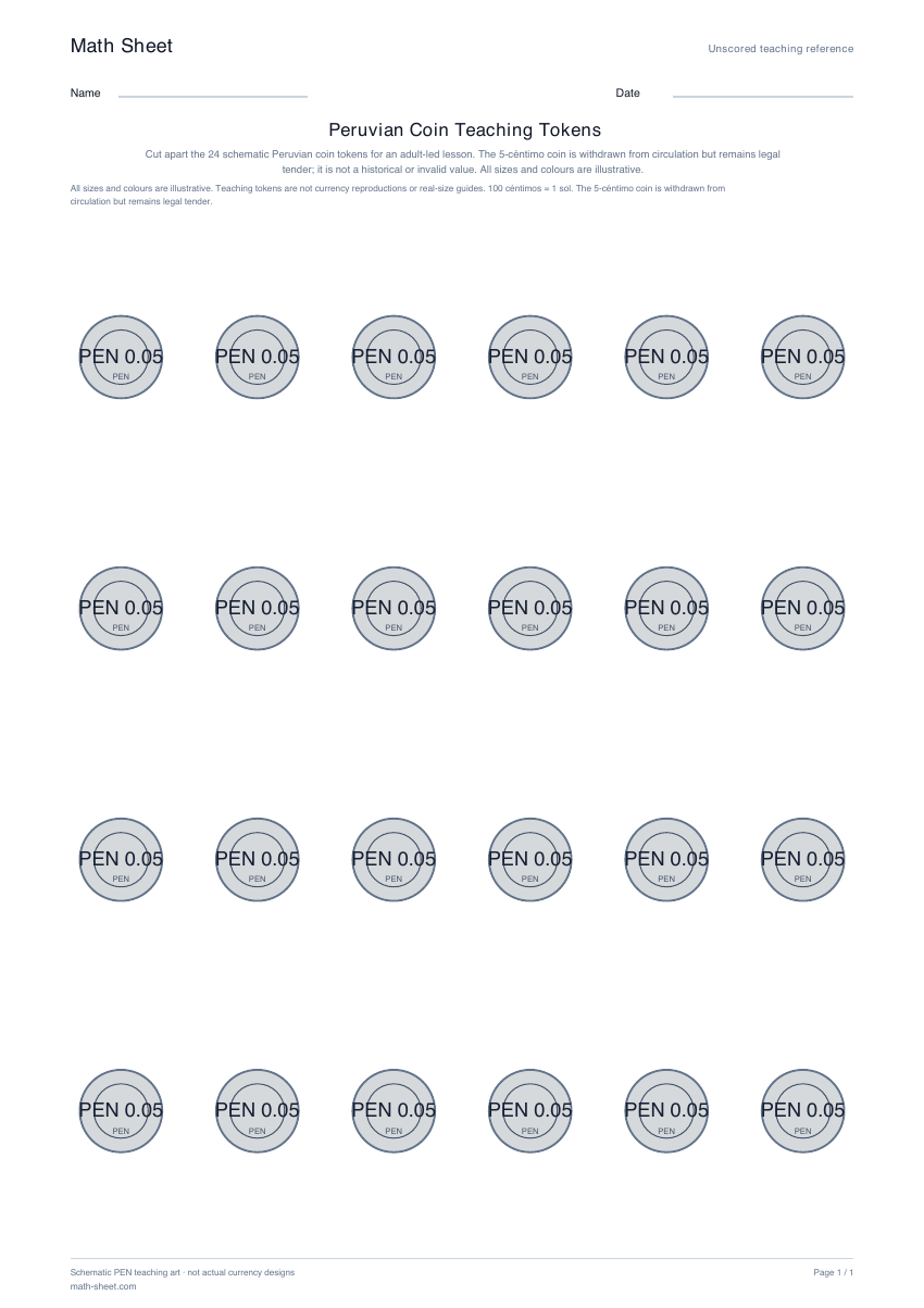 Printable peruvian coin teaching tokens worksheet preview