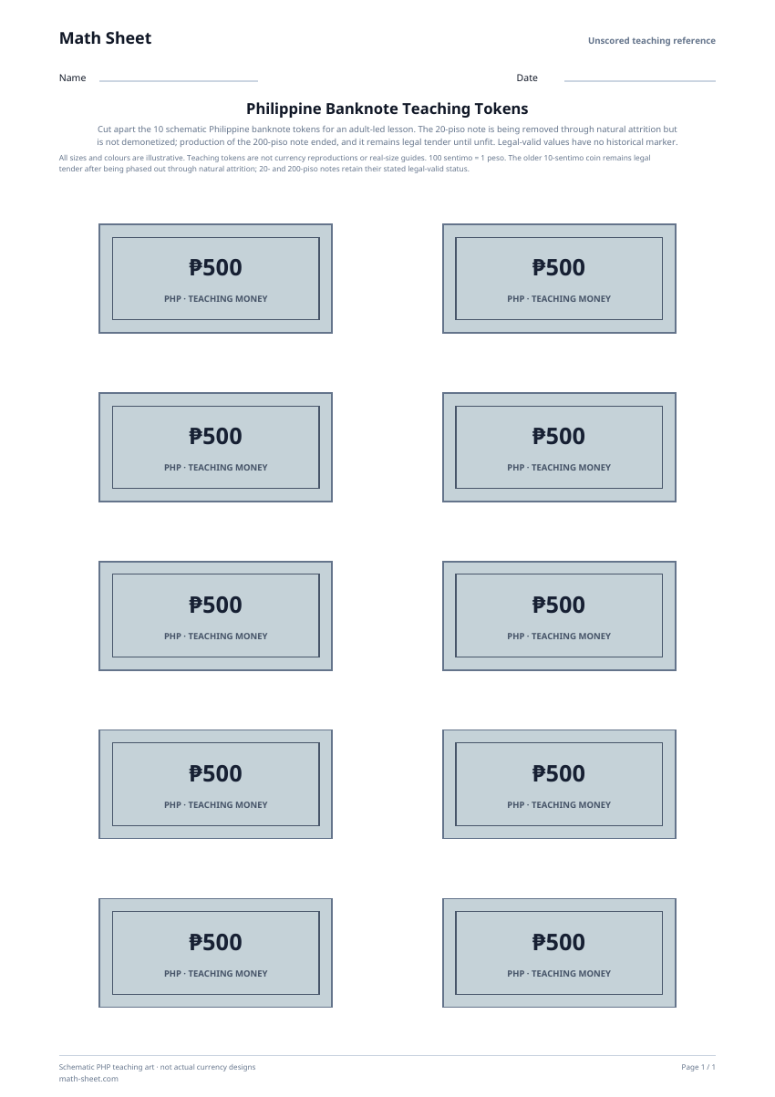 Printable philippine banknote teaching tokens worksheet preview