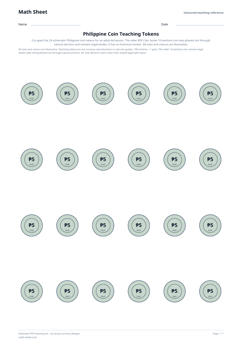 Printable philippine coin teaching tokens worksheet preview