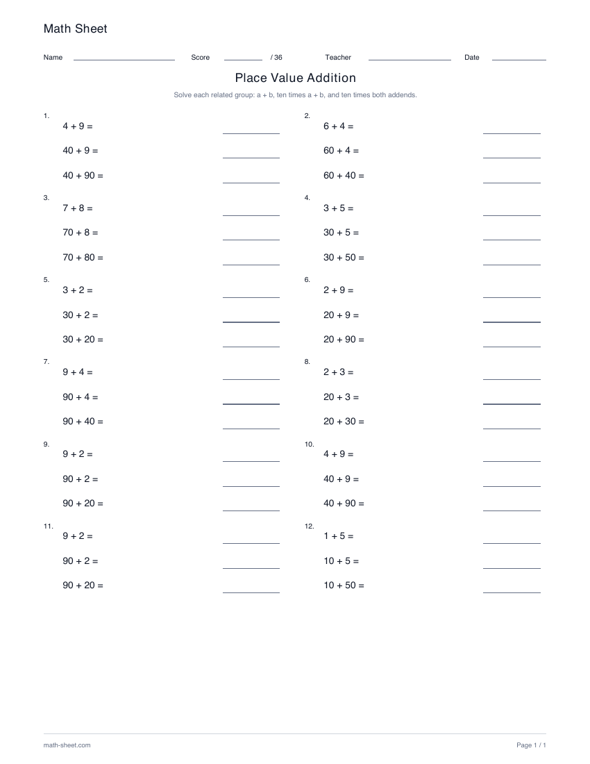 Printable place-value addition patterns worksheet preview