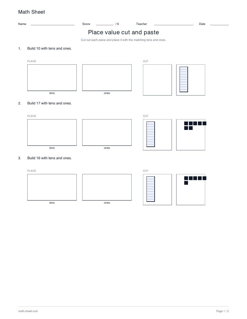 Printable place value cut and paste worksheet preview