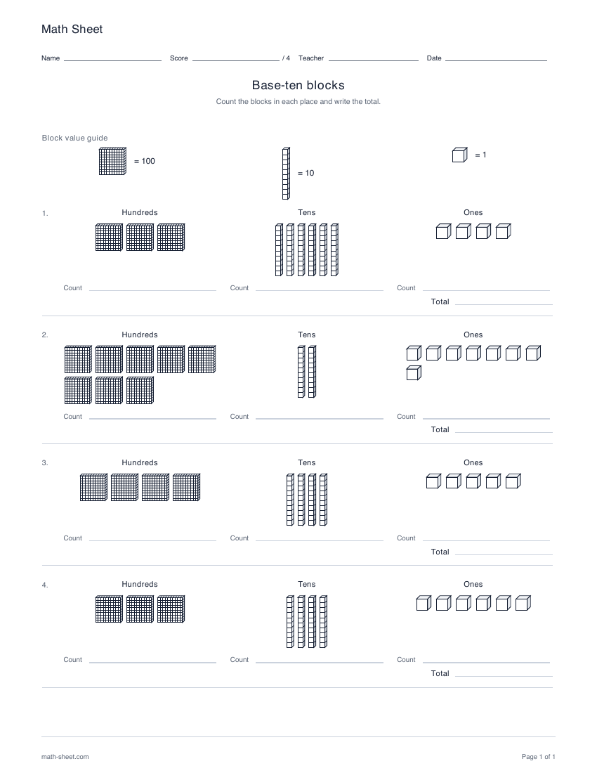 Printable base-ten block worksheets worksheet preview