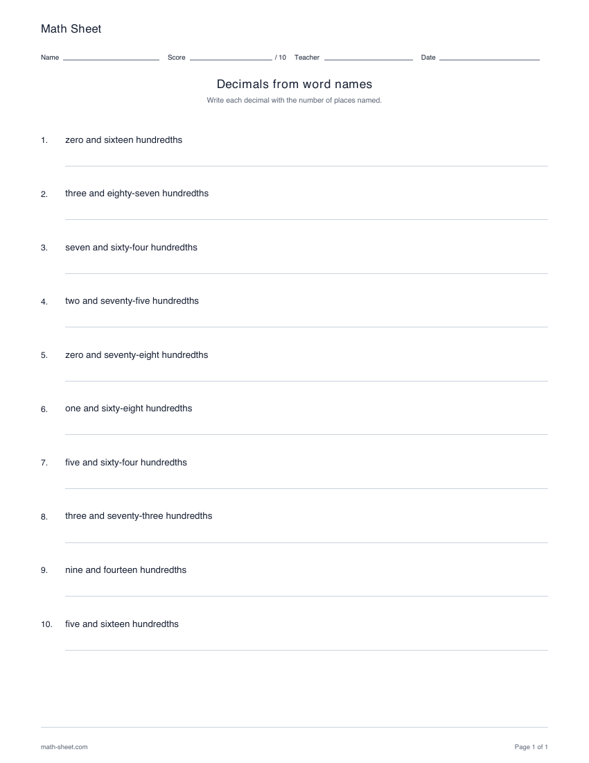 Printable write decimals from words worksheets worksheet preview