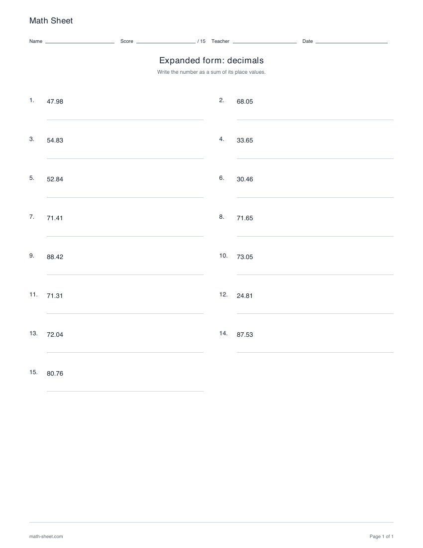 Printable expanded form worksheets for decimals worksheet preview