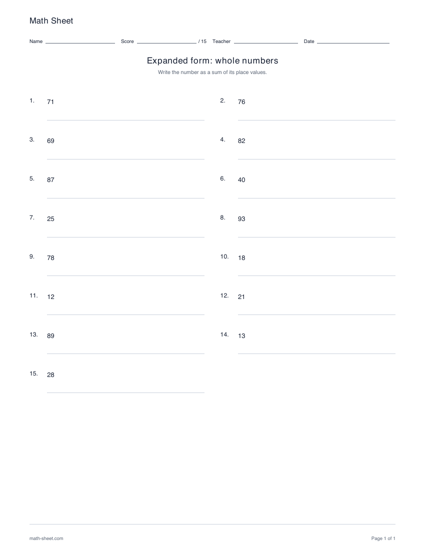 Printable expanded form worksheets for whole numbers worksheet preview