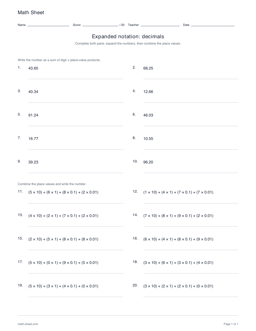 Printable expanded notation worksheets for decimals worksheet preview