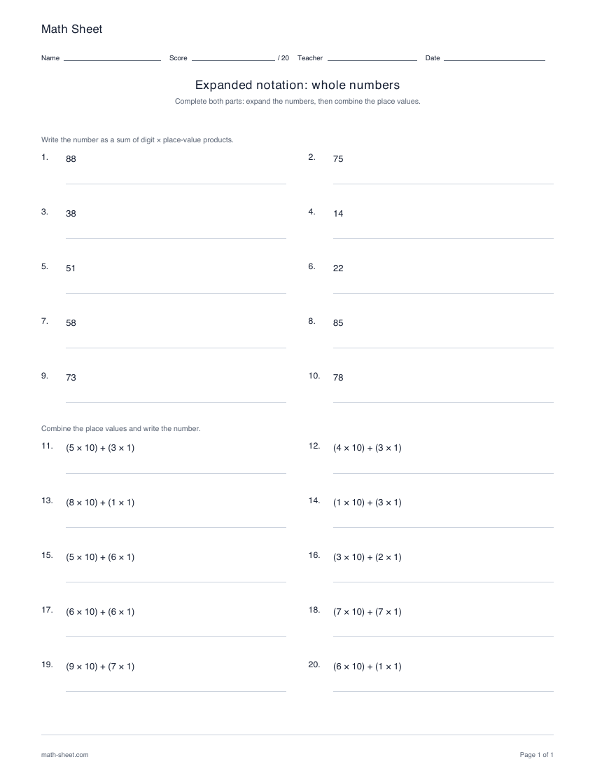 Printable expanded notation worksheets for whole numbers worksheet preview