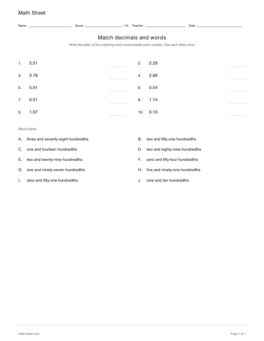 Printable match decimals and word names worksheets worksheet preview