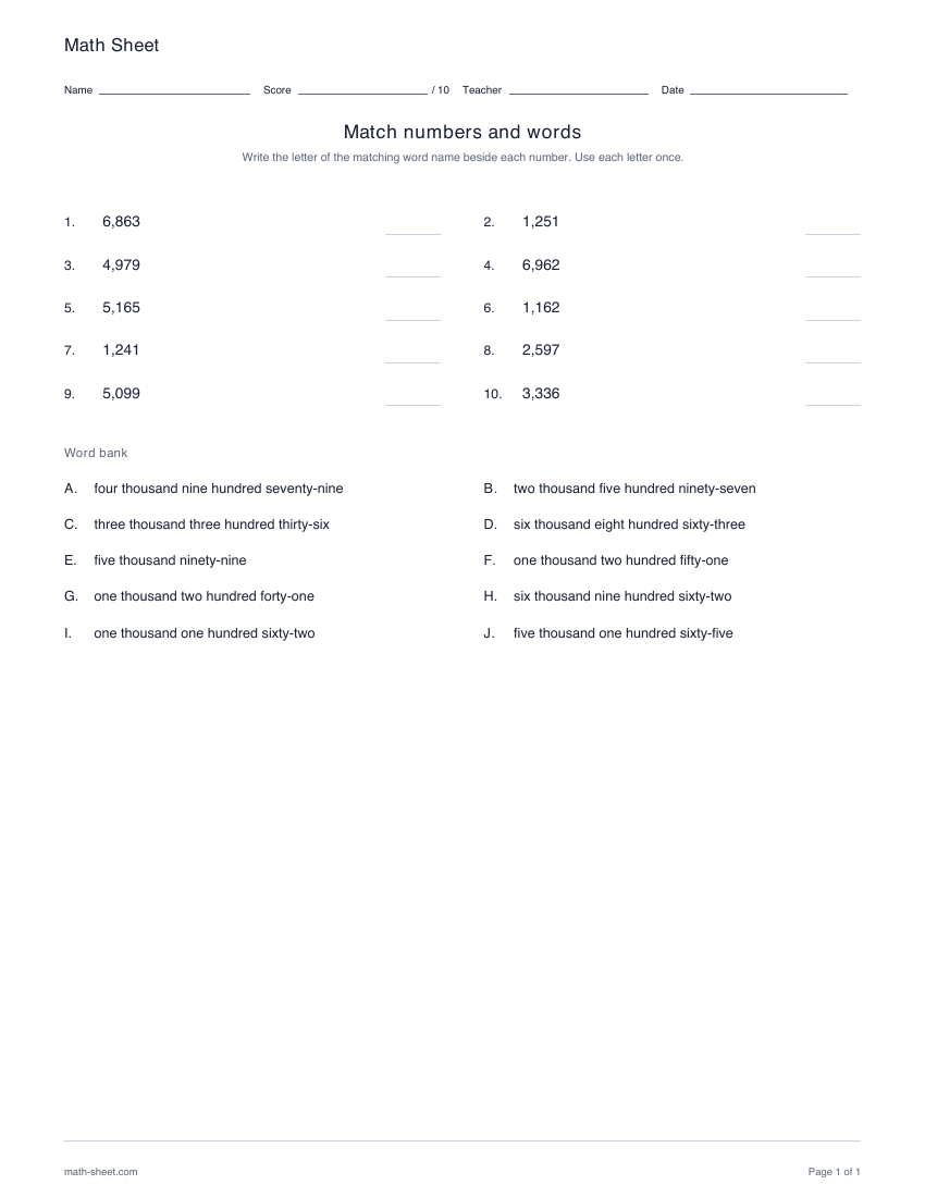 Printable match numbers and word names worksheets worksheet preview