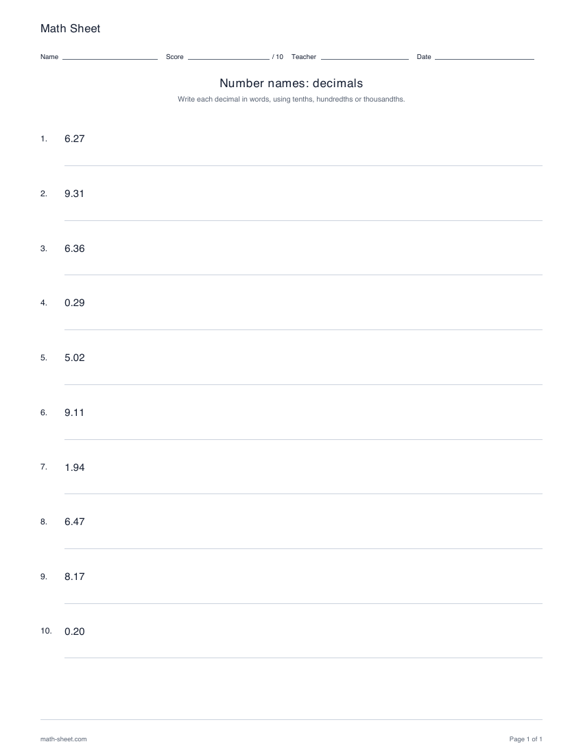 Printable write decimals in words worksheets worksheet preview