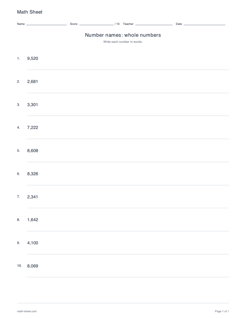Printable write whole numbers in words worksheets worksheet preview