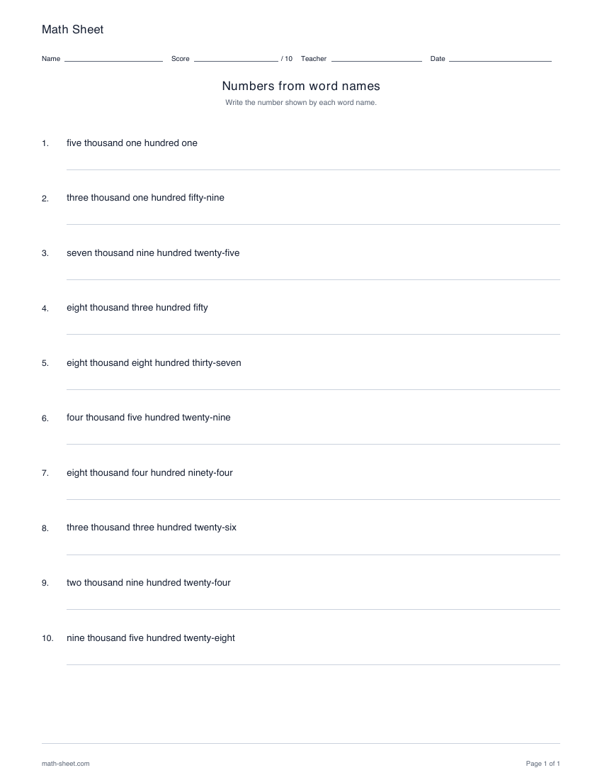 Printable write numbers from words worksheets worksheet preview