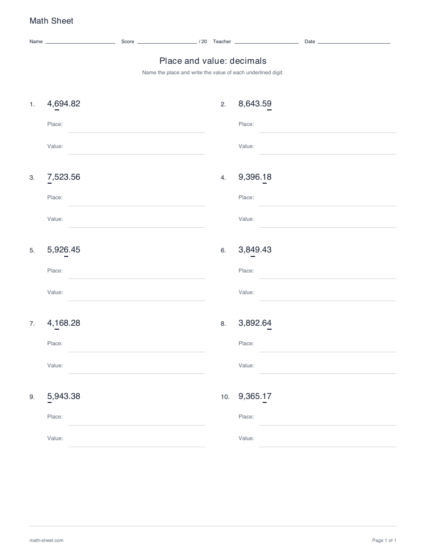 Printable place and value worksheets for decimals worksheet preview