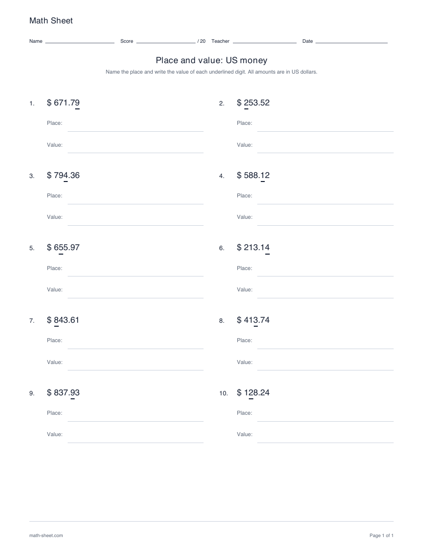 Printable place and value worksheets for money worksheet preview
