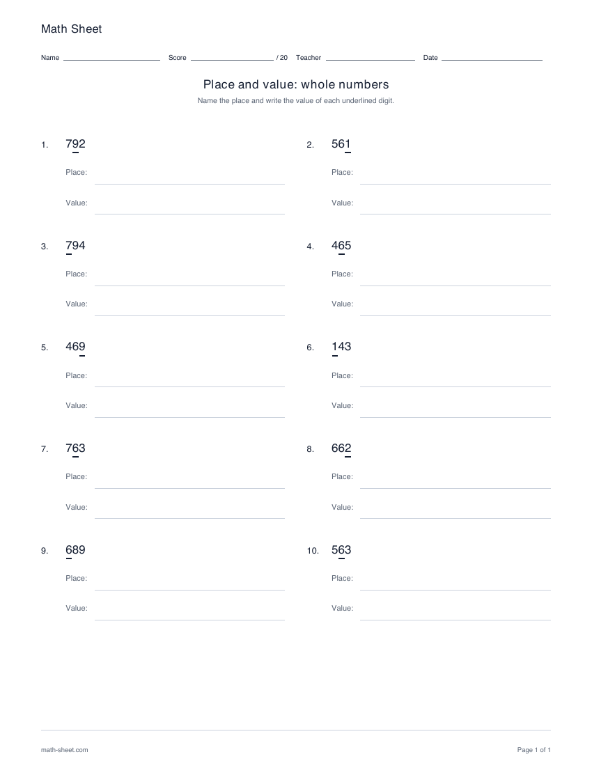 Printable place and value worksheets for whole numbers worksheet preview