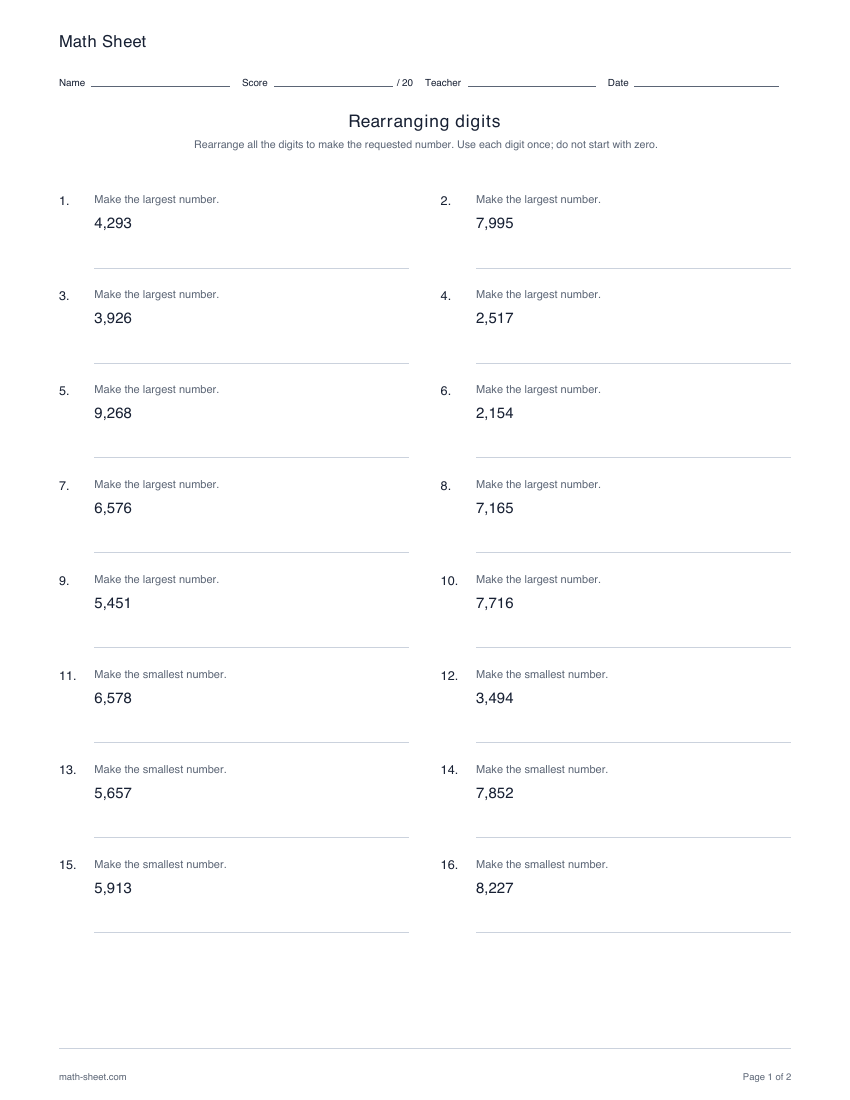Printable rearranging digits worksheets worksheet preview