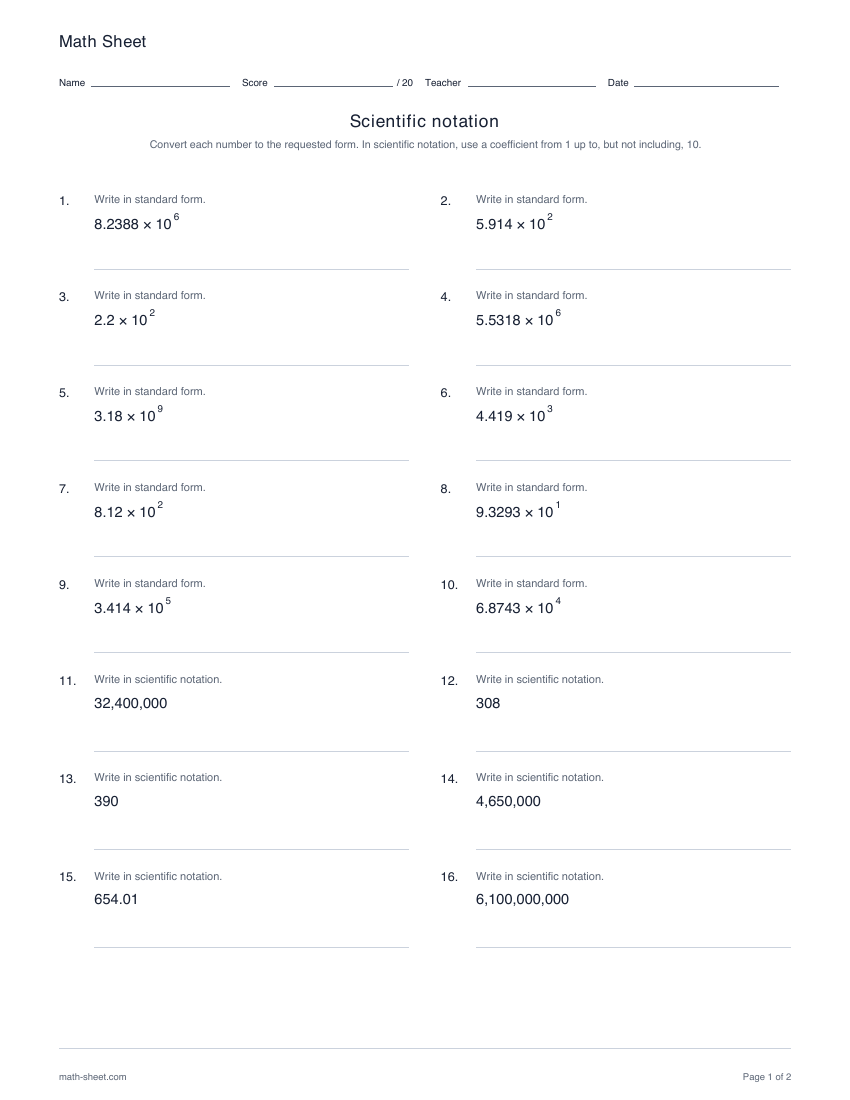 Printable scientific notation worksheets worksheet preview