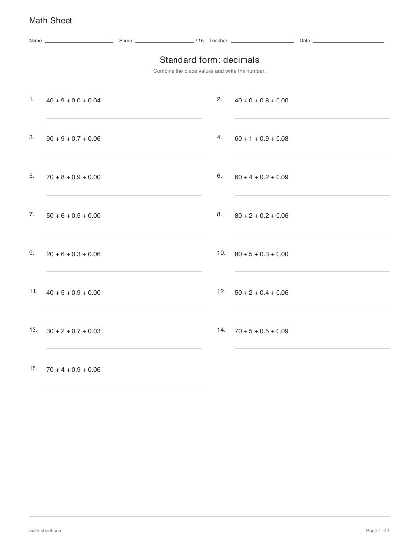Printable standard form worksheets for decimals worksheet preview