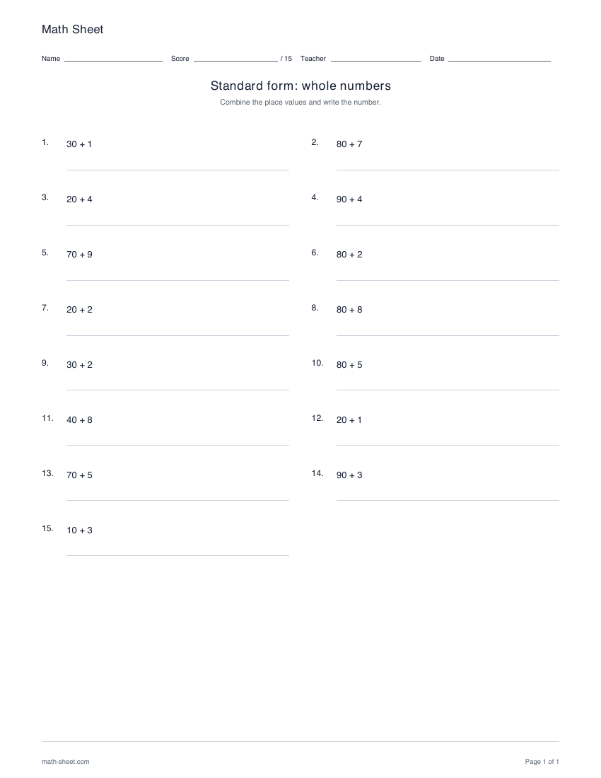 Printable standard form worksheets for whole numbers worksheet preview