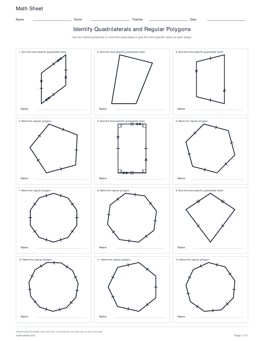 First page preview: Identify Quadrilaterals and Polygons Worksheets