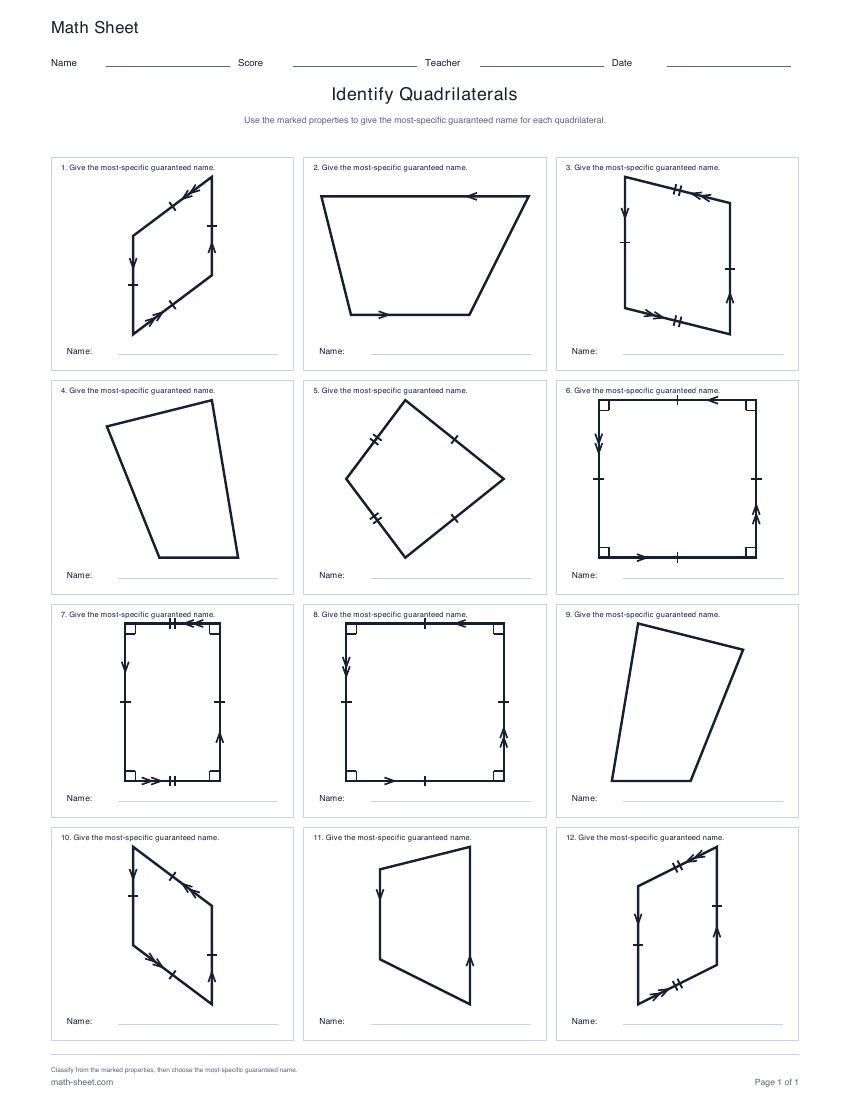 First page preview: Identify Quadrilaterals Worksheets