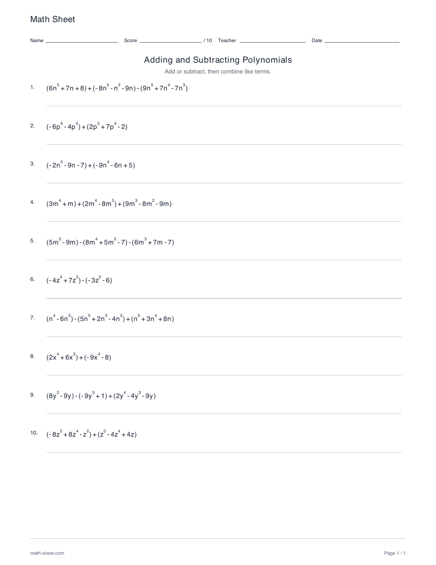First page preview: Adding and subtracting polynomials worksheets