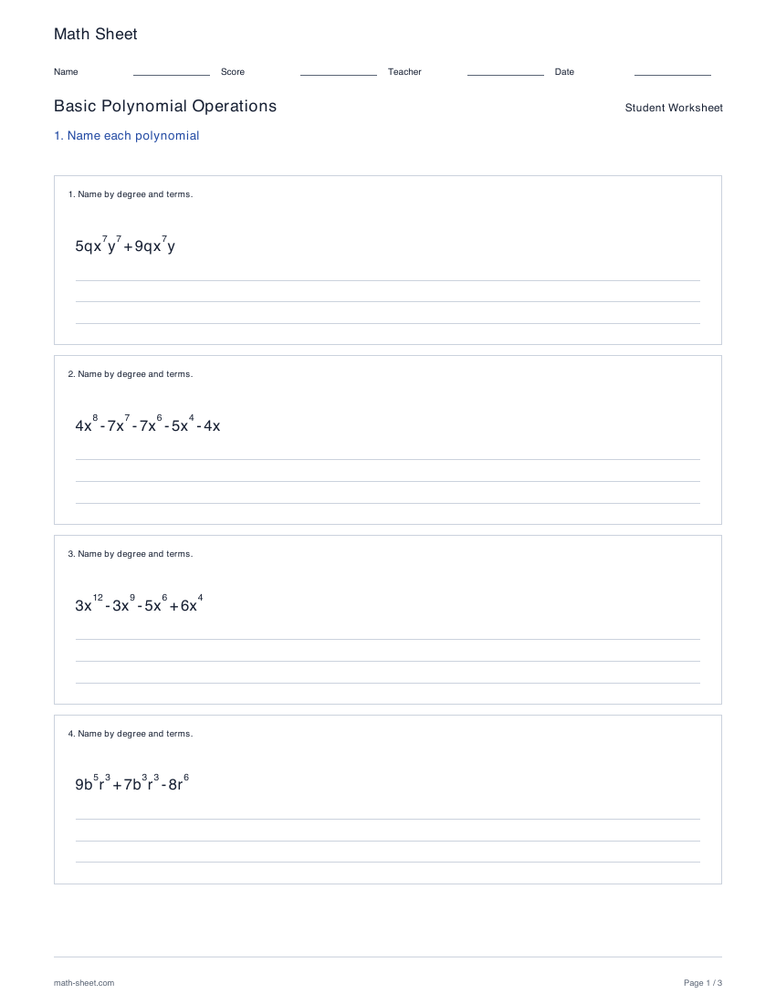First page preview: Basic polynomial operations worksheets