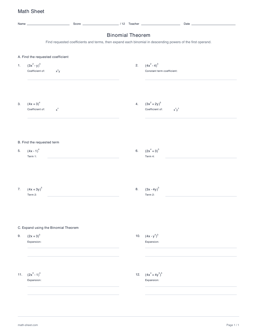 First page preview: Binomial Theorem worksheets
