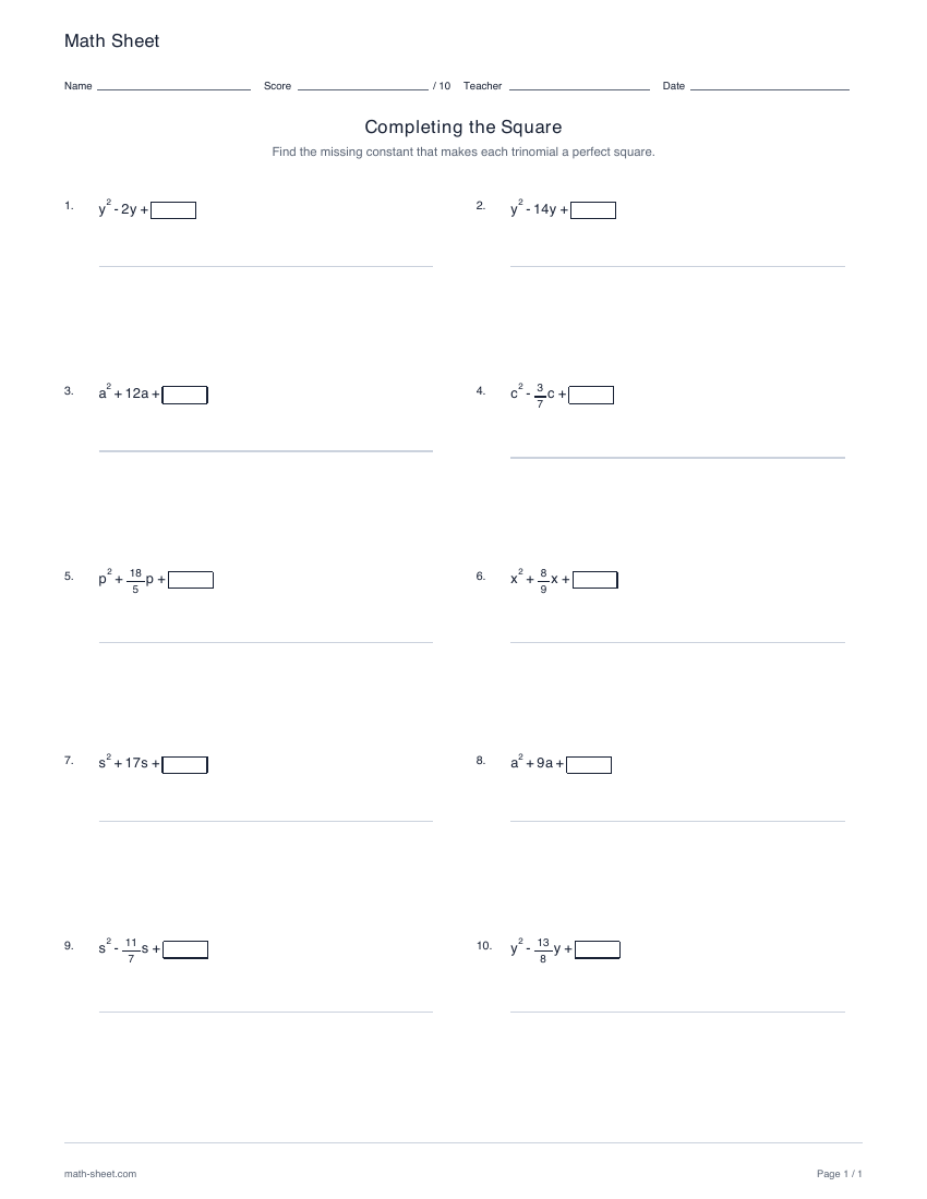 First page preview: Completing the square worksheets