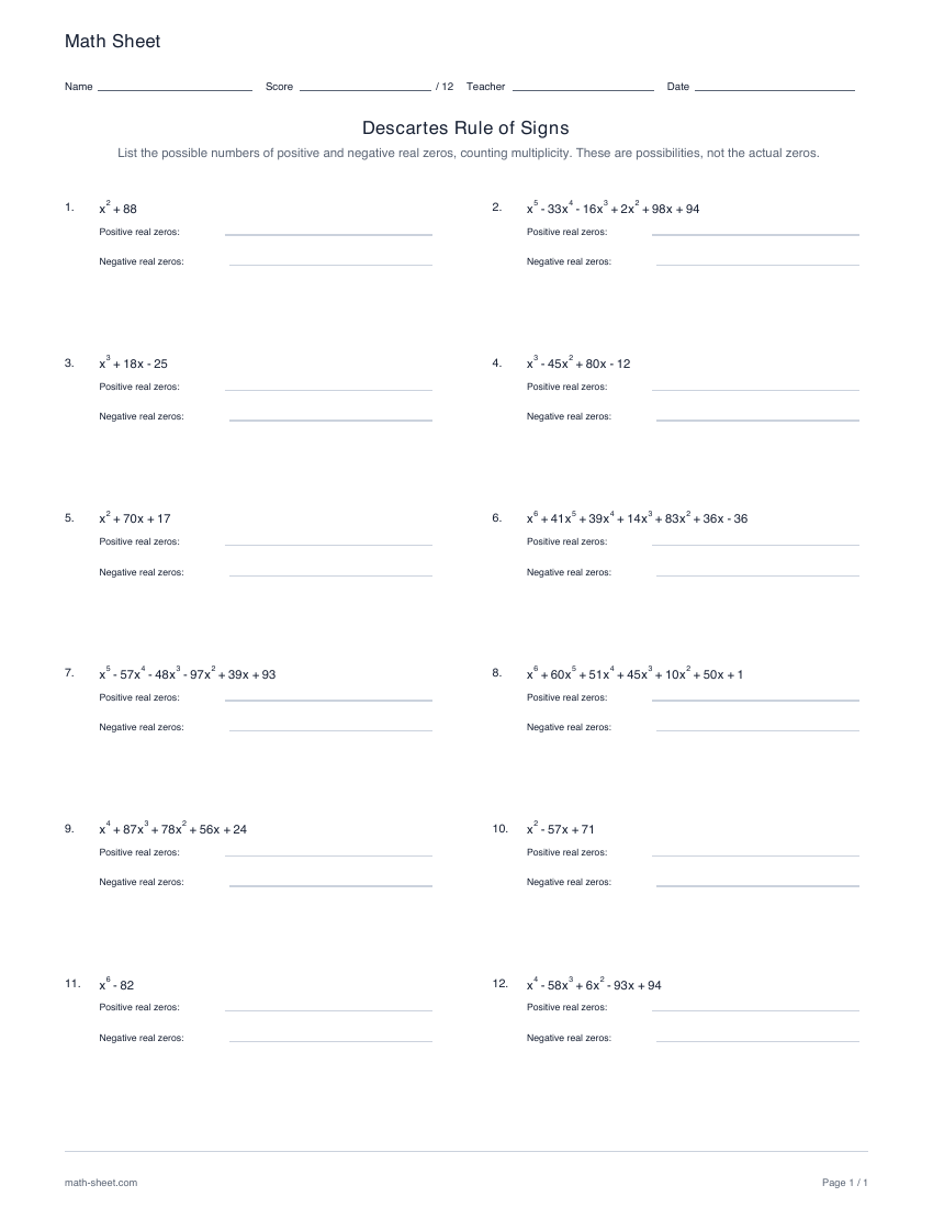 First page preview: Descartes Rule of Signs worksheets