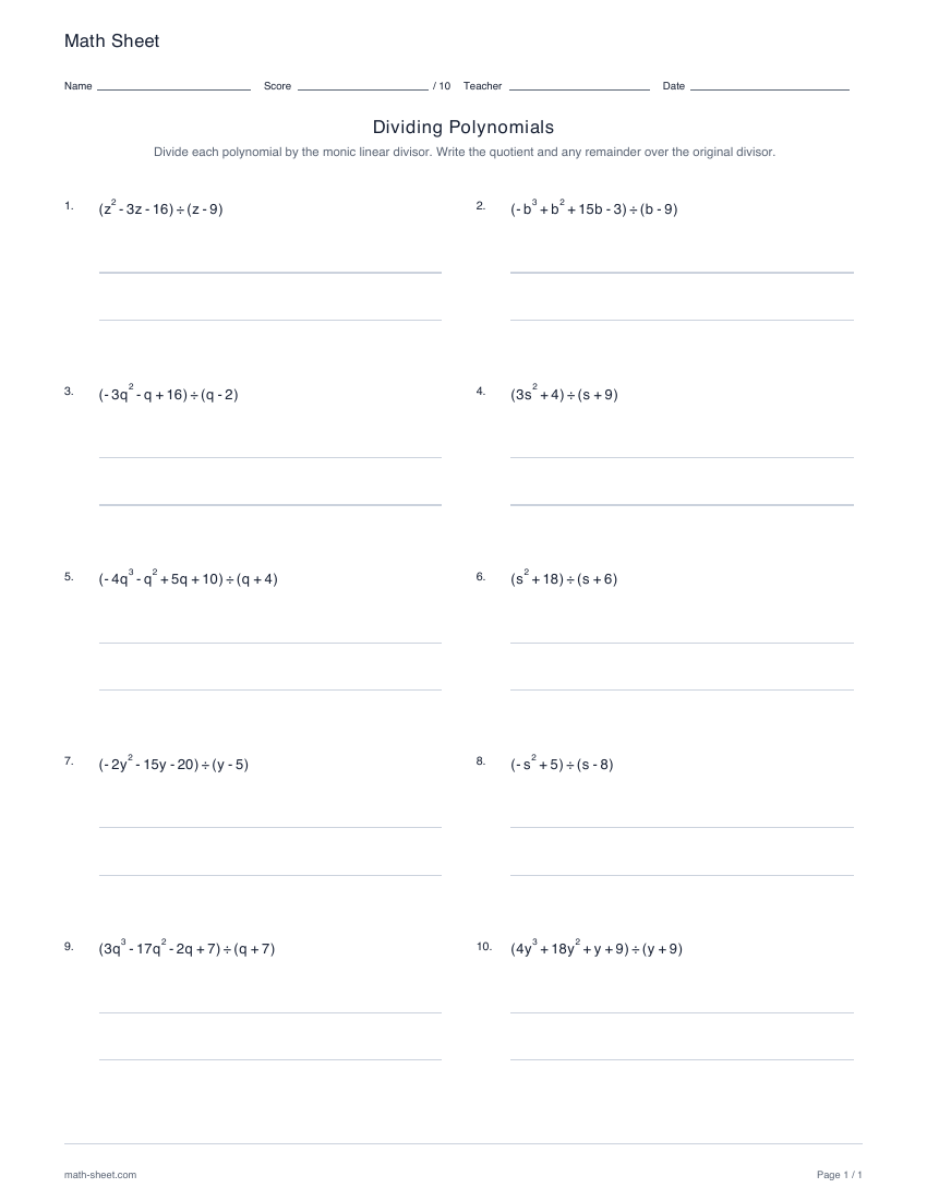 First page preview: Dividing polynomials worksheets