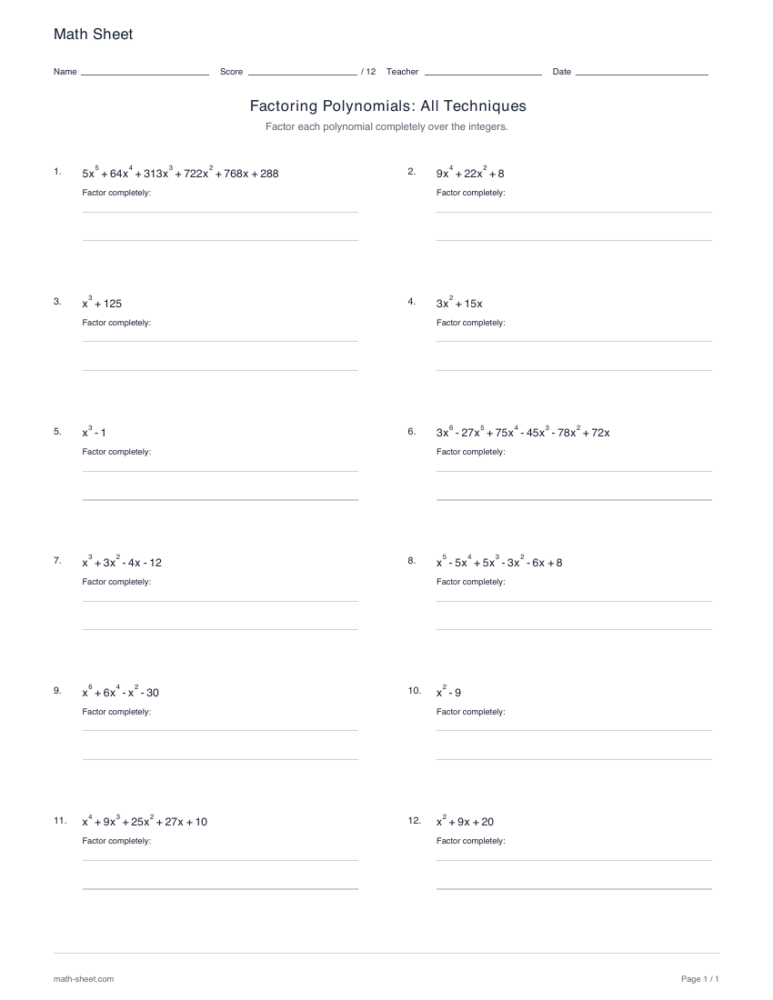 First page preview: Factoring polynomials with all techniques worksheets