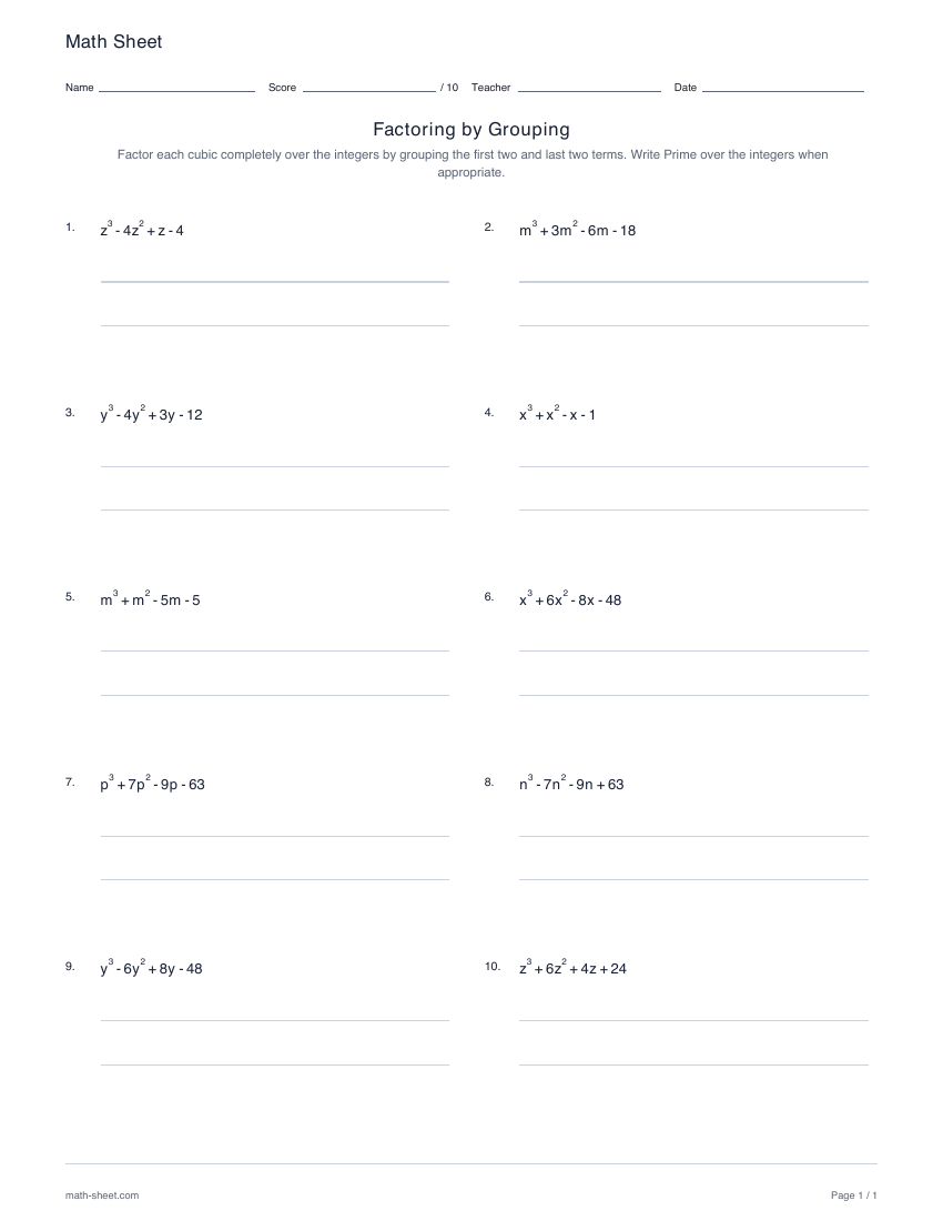 First page preview: Factoring by grouping worksheets