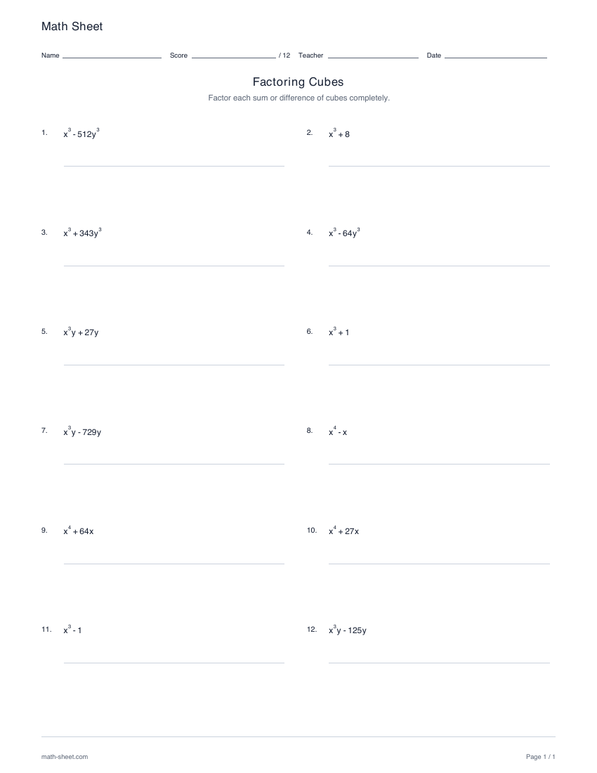 First page preview: Factoring sums and differences of cubes worksheets