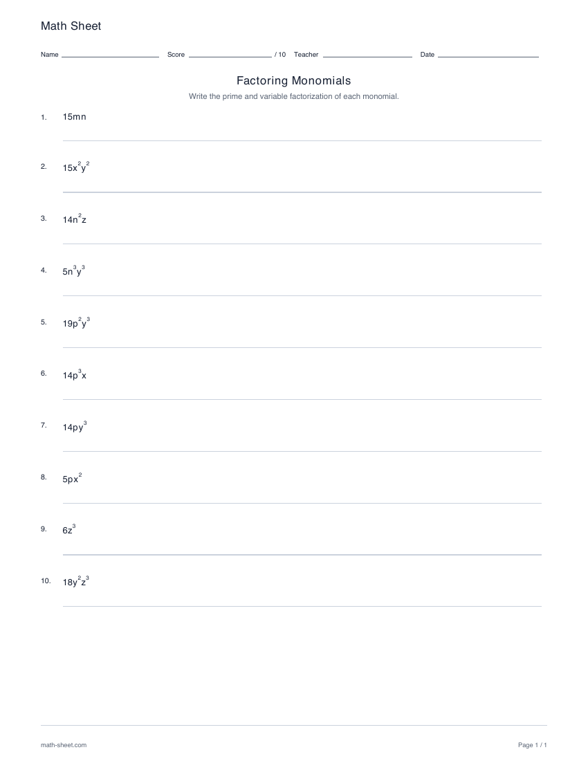 First page preview: Factoring monomials worksheets