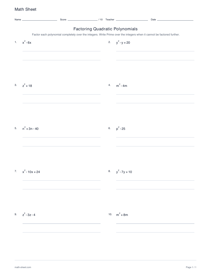 First page preview: Factoring quadratic polynomials worksheets