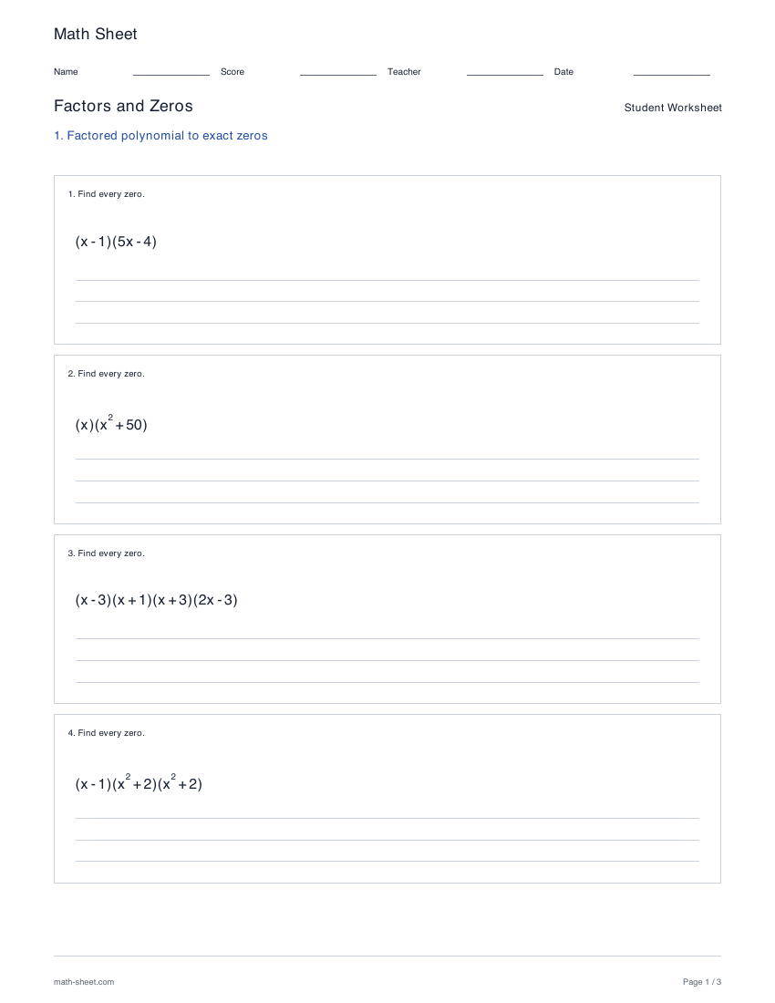 First page preview: Factors and zeros worksheets