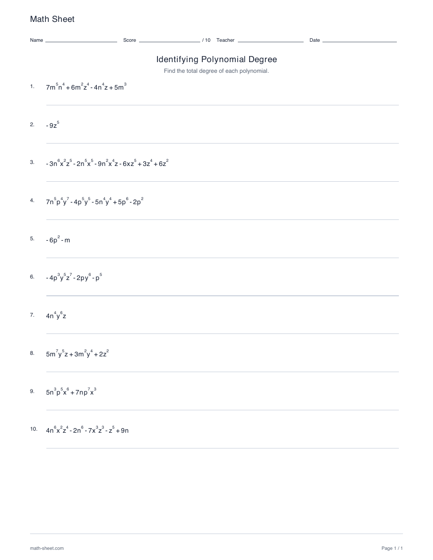 First page preview: Identifying polynomial degree worksheets