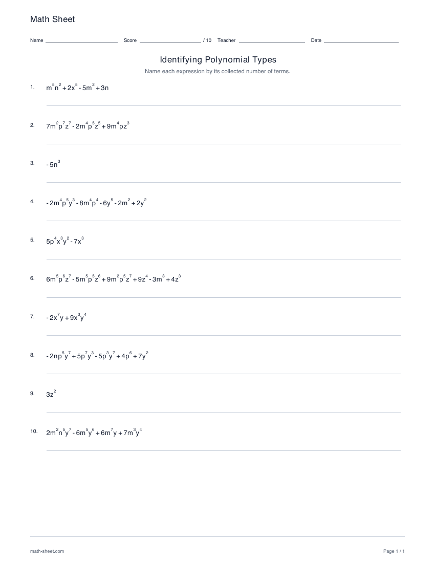 First page preview: Identifying polynomial types worksheets
